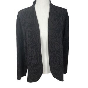 CHICO S Travelers Black Rose Jacquard Open Front Cardigan Jacket Womens Size 3
